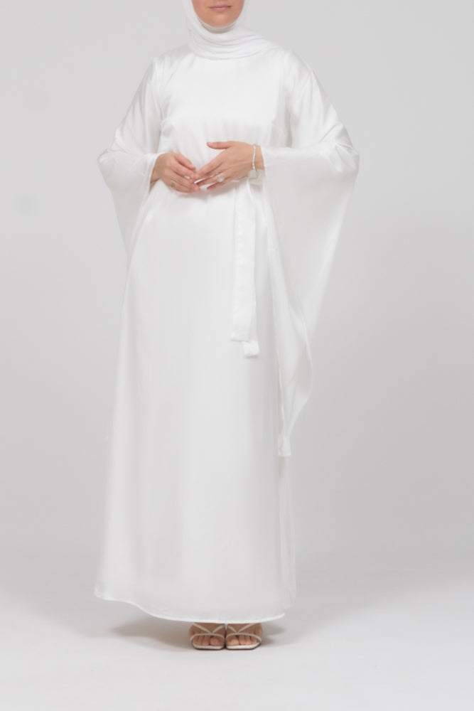 Front view of the ivory satin kimono sleeve Nikah maxi dress