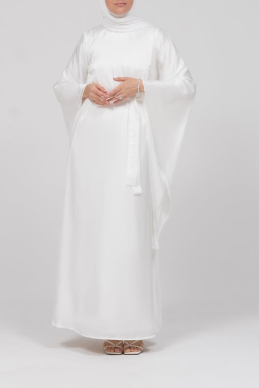 Front view of the ivory satin kimono sleeve Nikah maxi dress