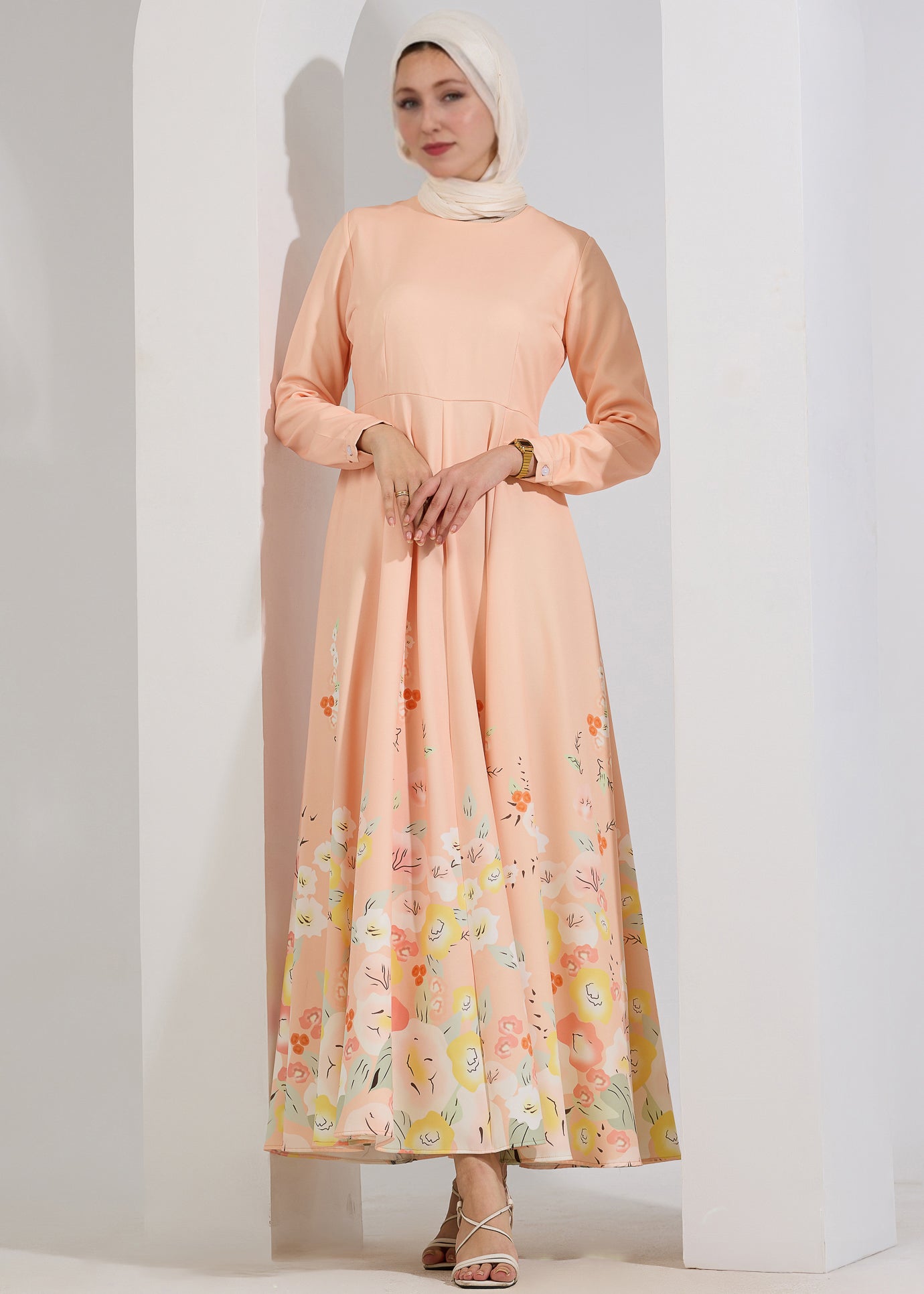 Close-up of Ethereal Blush Floral Modest Maxi Dress showing the high neck and long sleeves