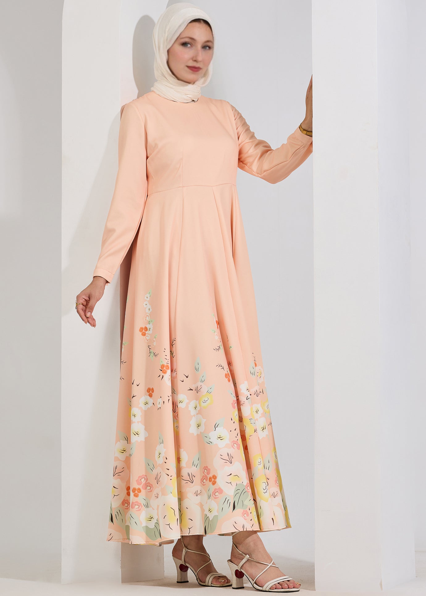 Detailed view of Ethereal Blush Floral Modest Maxi Dress highlighting the empire waist