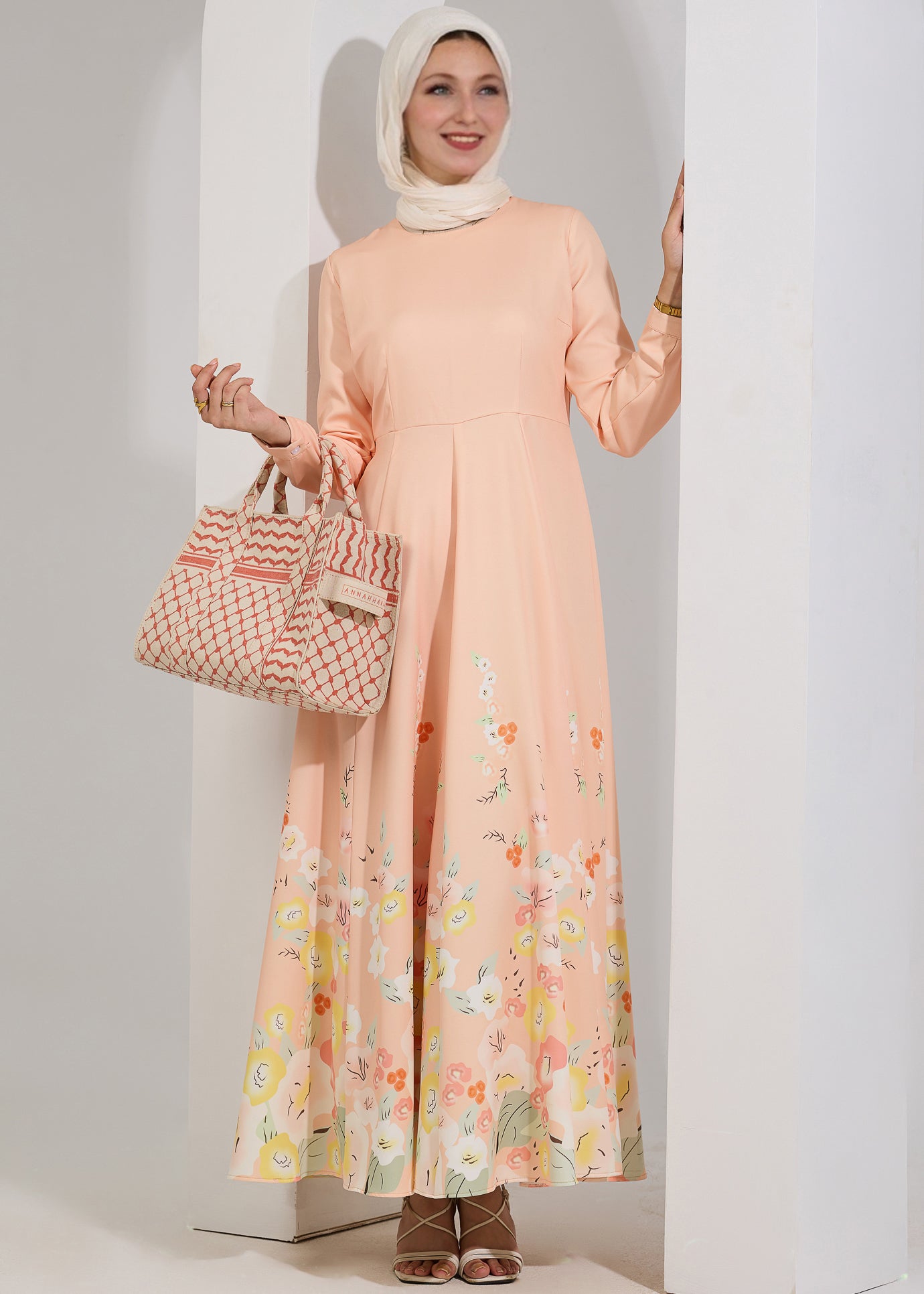 Flowing Ethereal Blush Floral Modest Maxi Dress in pastel peach by Annah Hariri