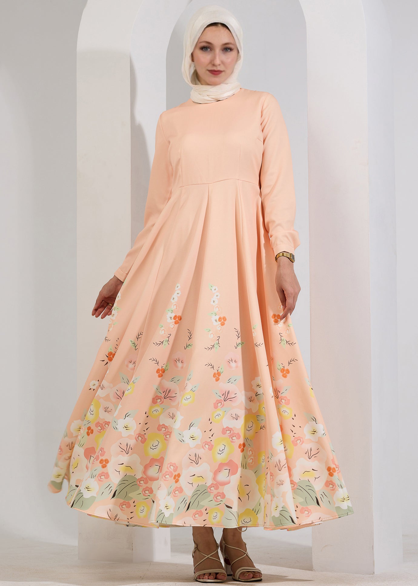 Front view of Ethereal Blush Floral Modest Maxi Dress by Annah Hariri