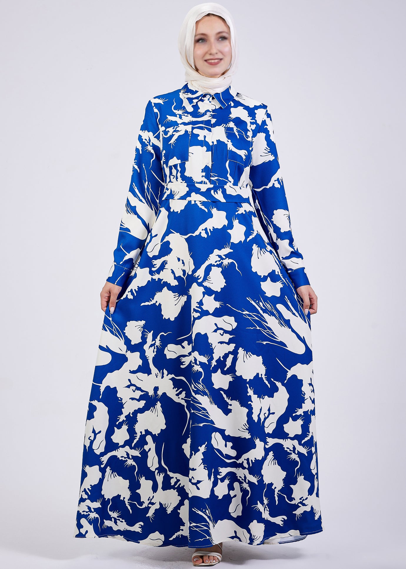 Close-up front view of Evelyn Abstract Floral Crepe Maxi Dress