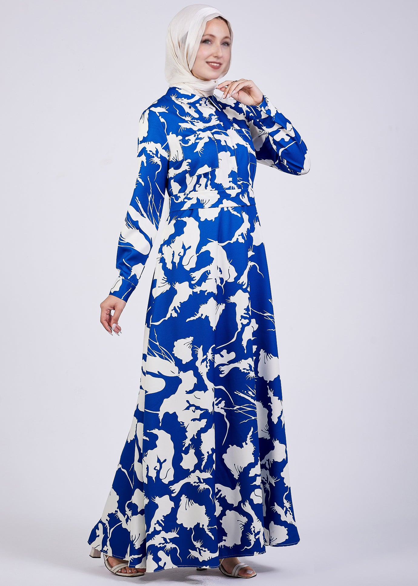 Side close-up view of Evelyn Abstract Floral Crepe Maxi Dress