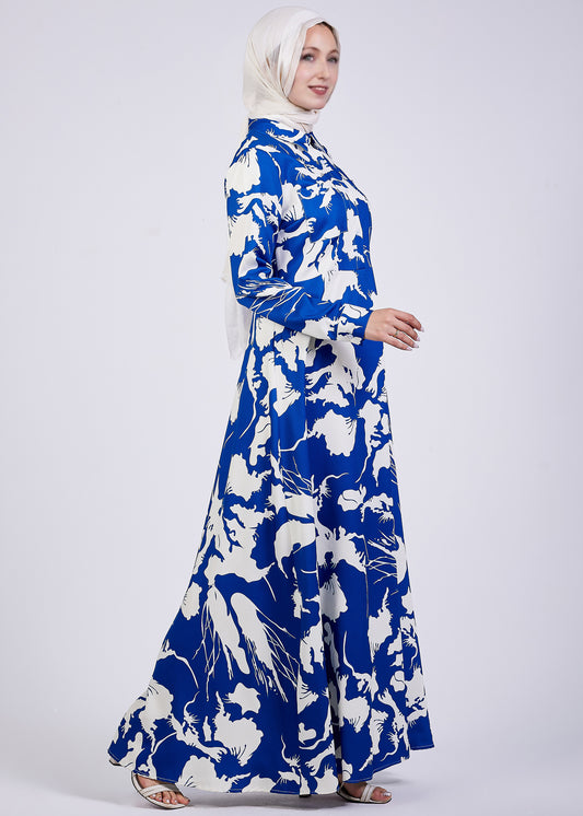 Side standing view of Evelyn Abstract Floral Crepe Maxi Dress