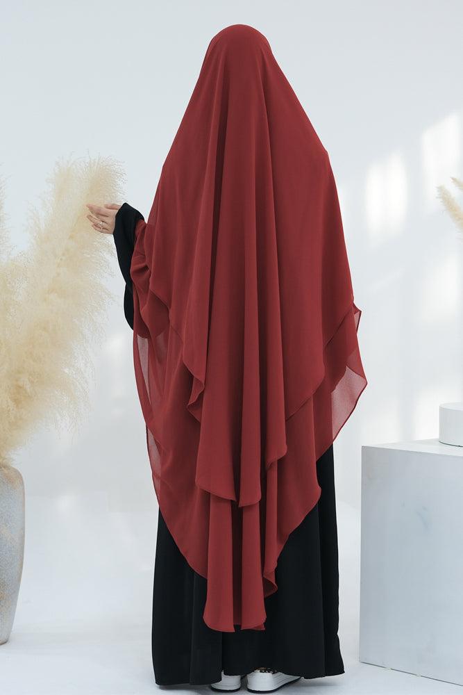 Back view of extra-long red chiffon two-layer headscarf