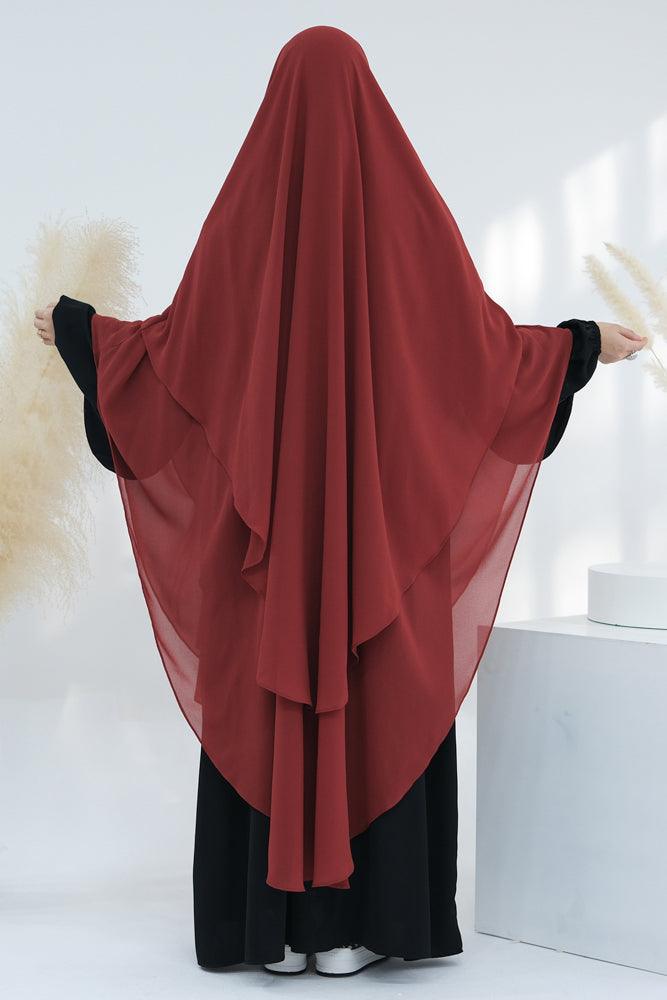 Front view of extra-long red chiffon two-layer headscarf