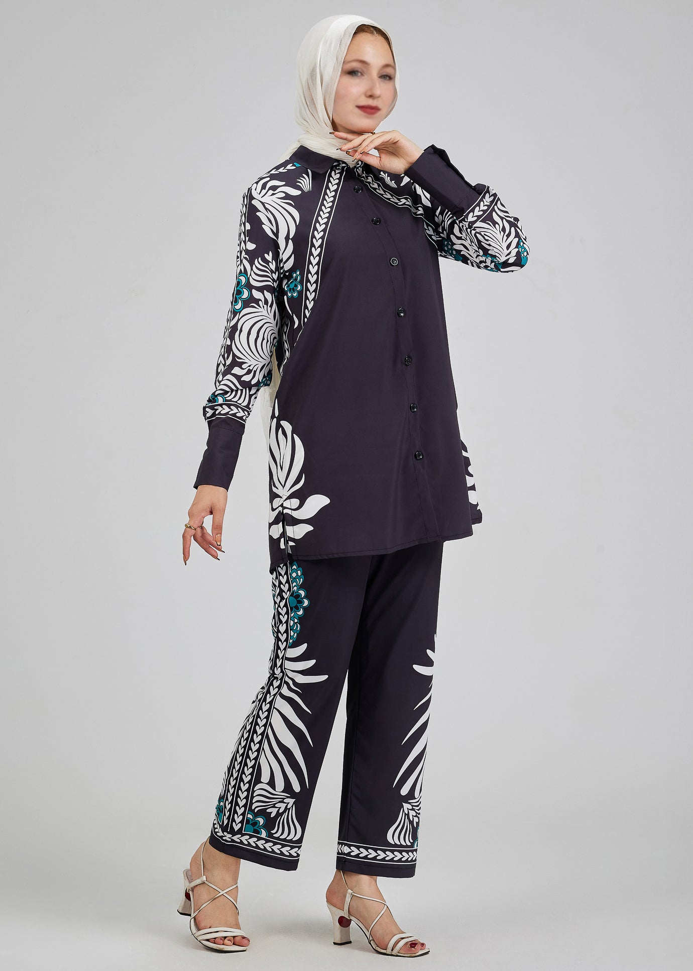 Celeste floral button-down tunic with matching trousers front view
