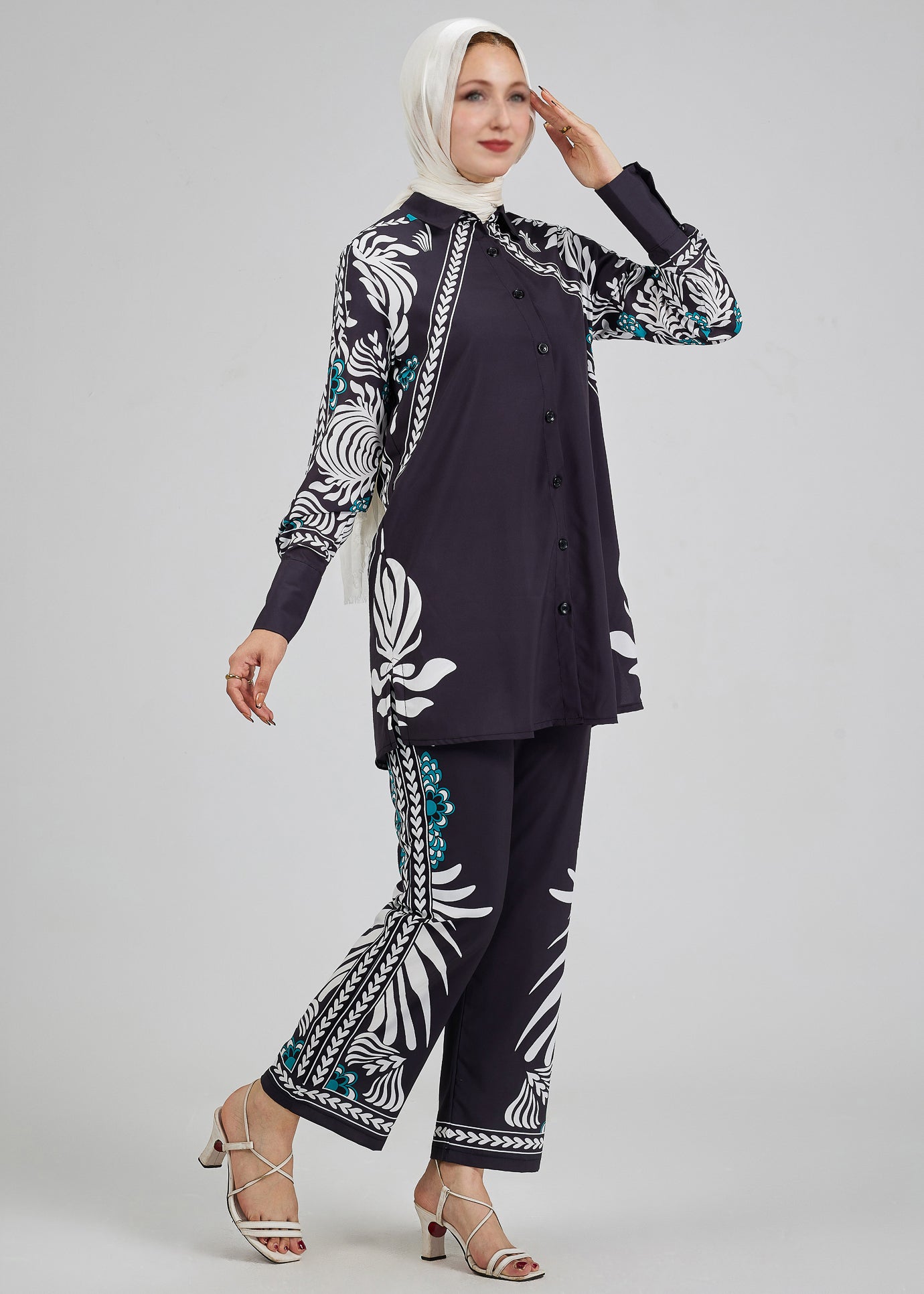 Celeste floral button-down tunic with matching trousers side view
