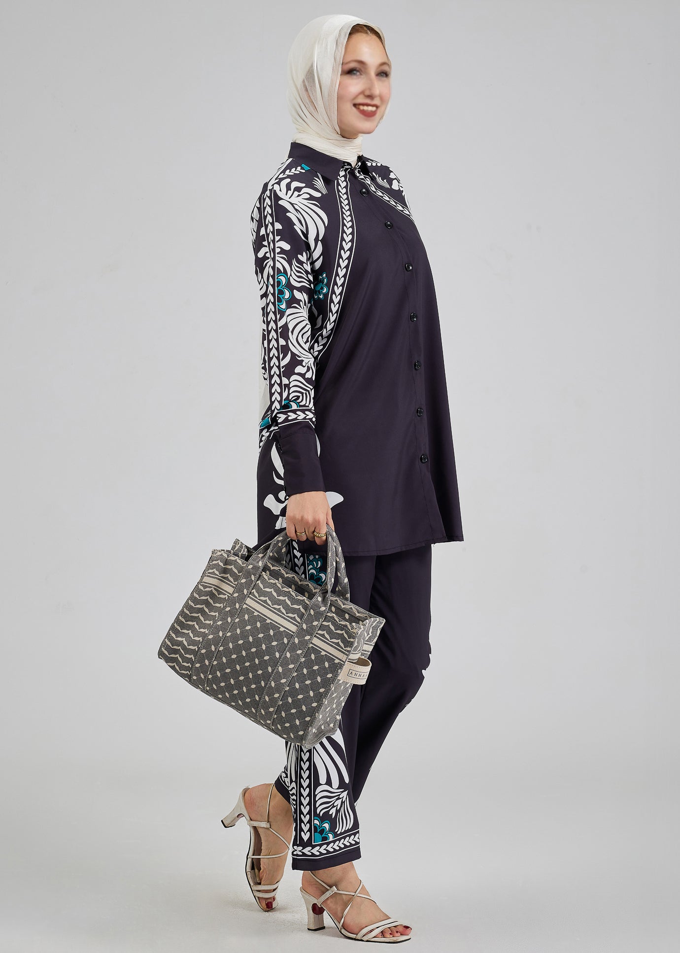 Celeste floral button-down tunic with matching trousers and bag
