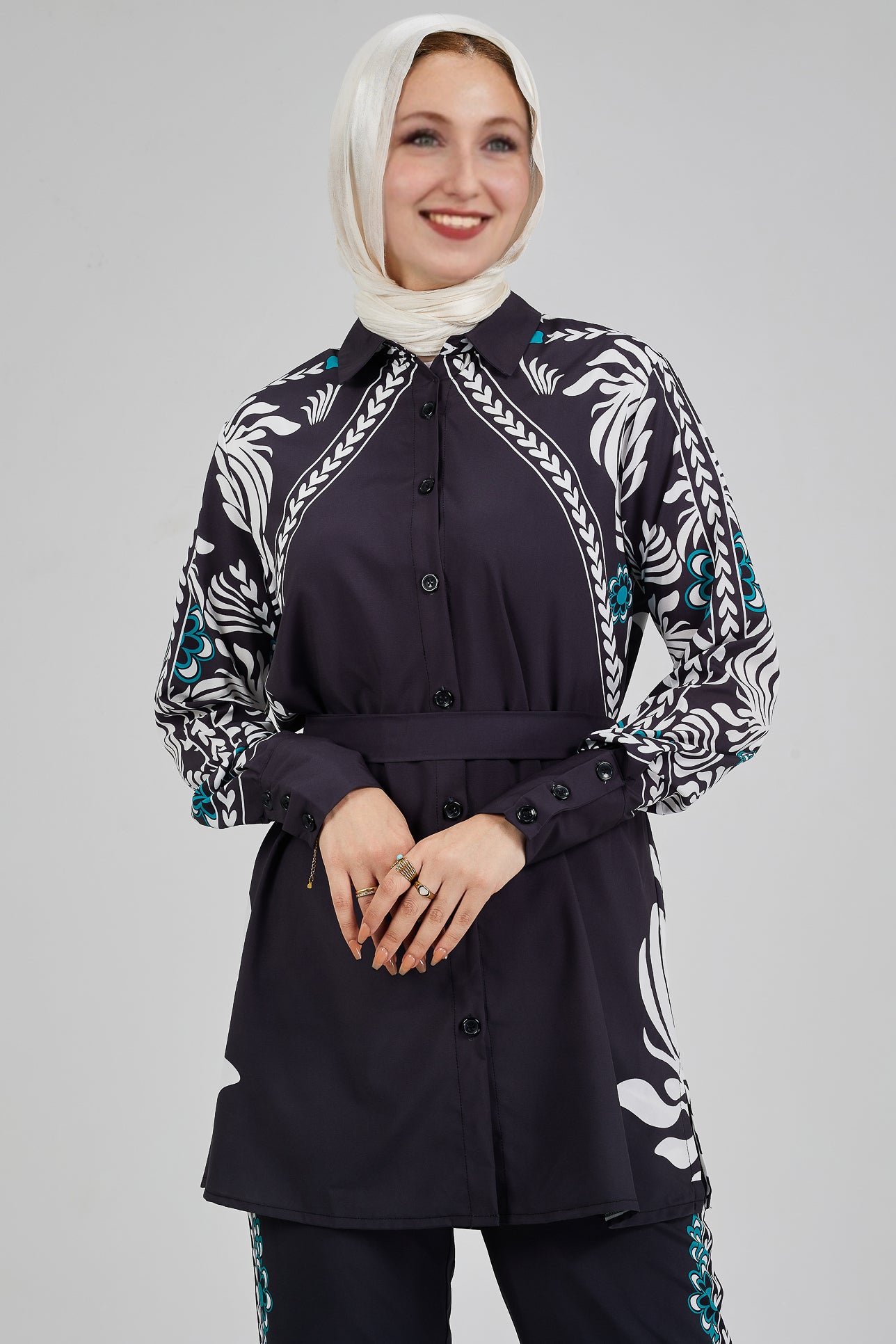 Celeste floral button-down tunic with waist belt and matching trousers
