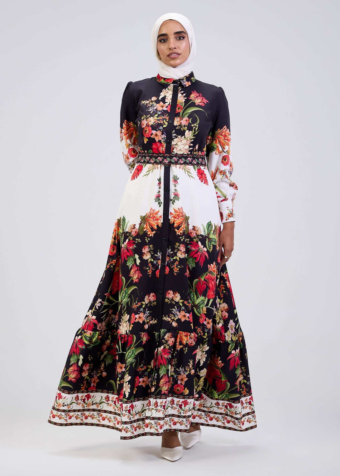 Cinched waist of floral button-down modesty dress