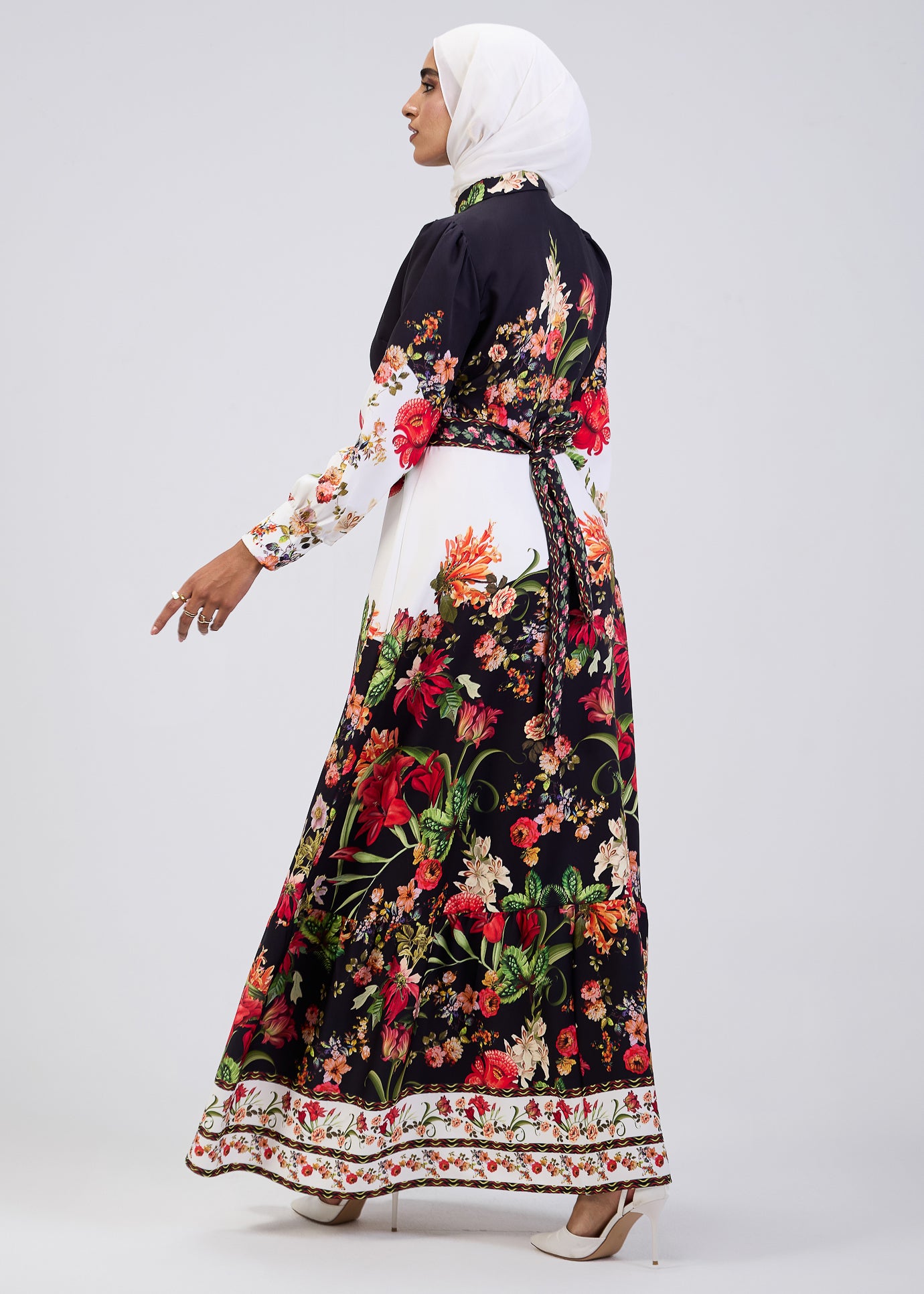 Flowing skirt on floral button-down modesty dress