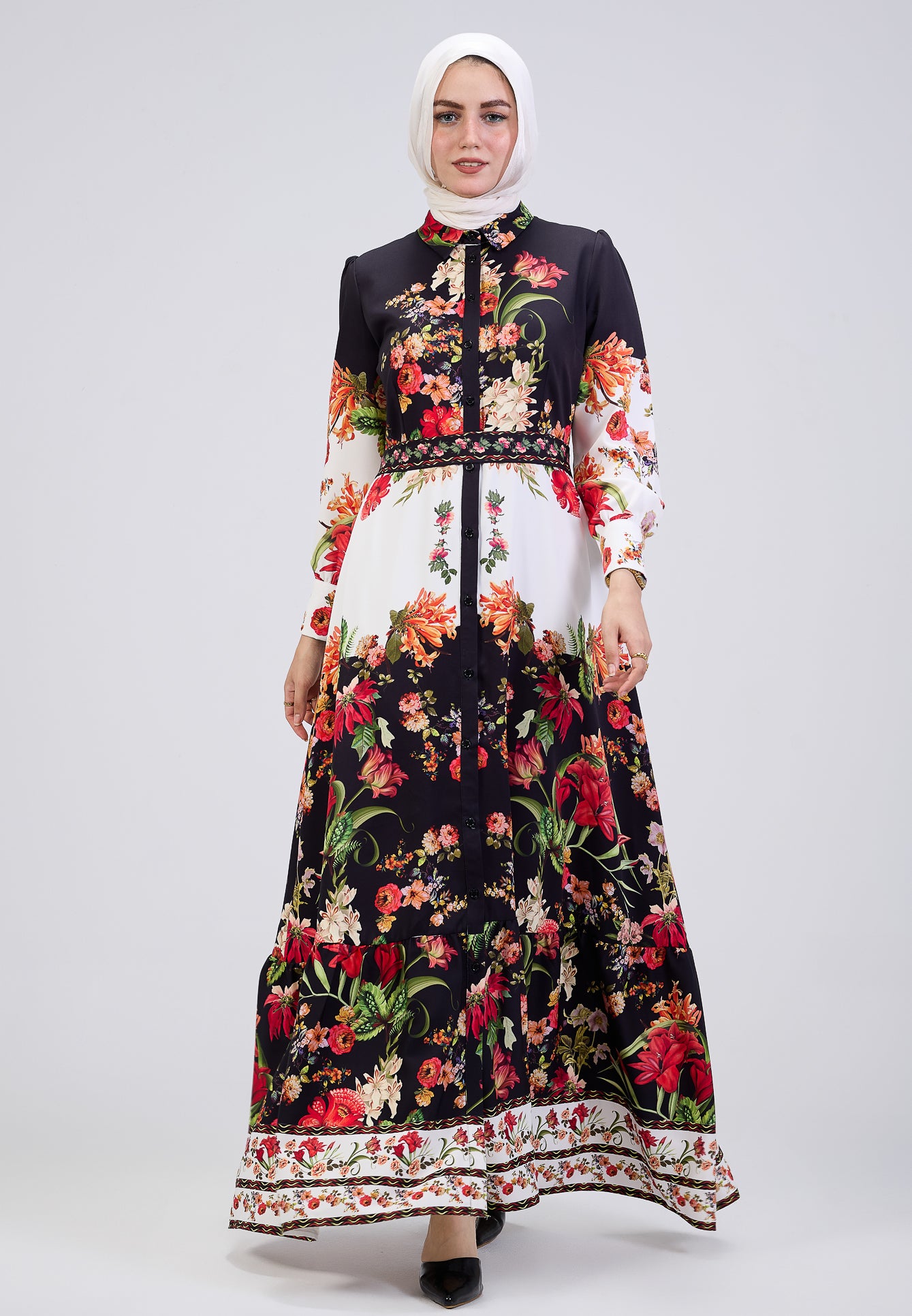 Flowing skirt on floral button-down modesty dress