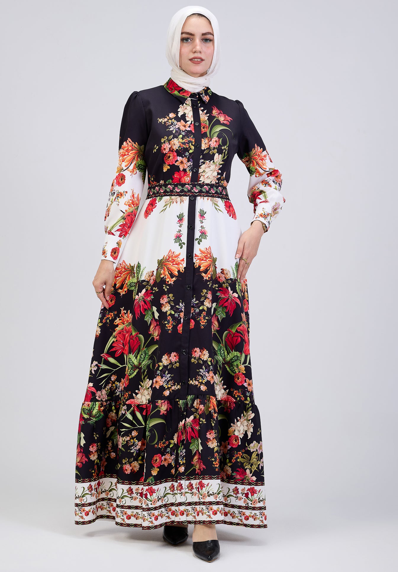 Full body front view of floral button-down modesty dress