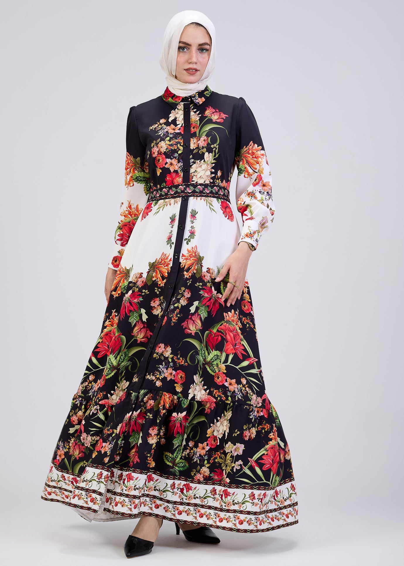 Full body front view of floral button-down modesty dress