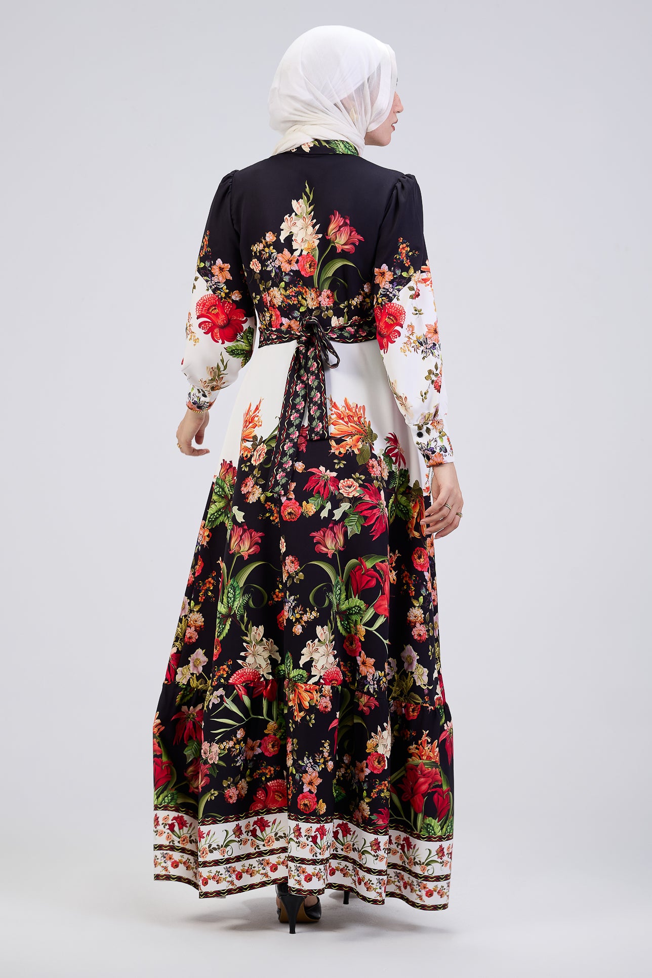 Sleeve design on floral button-down modesty dress