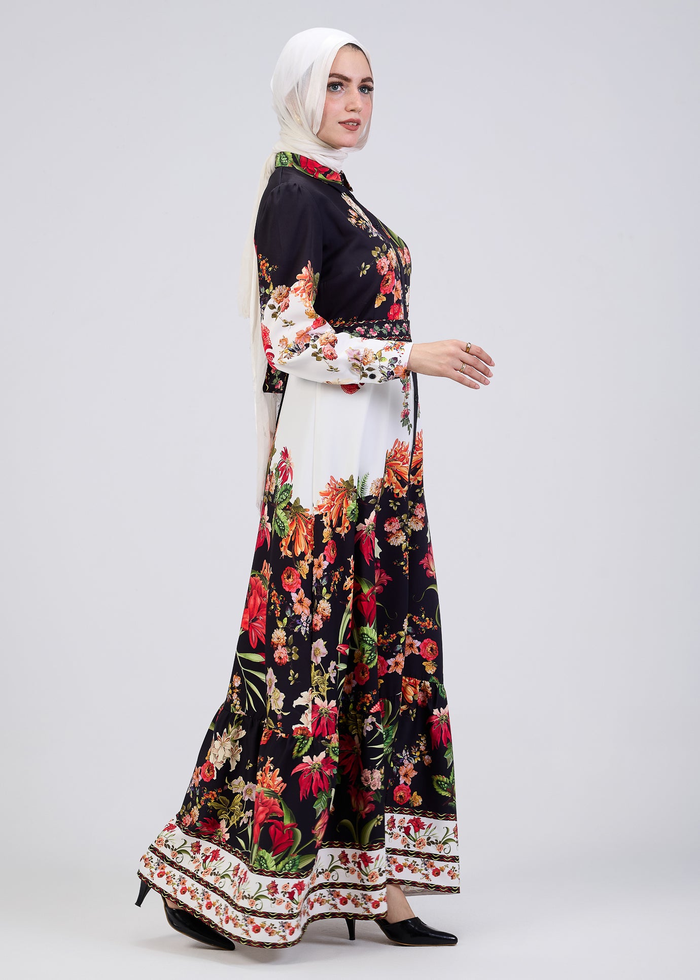 Sleeve design on floral button-down modesty dress