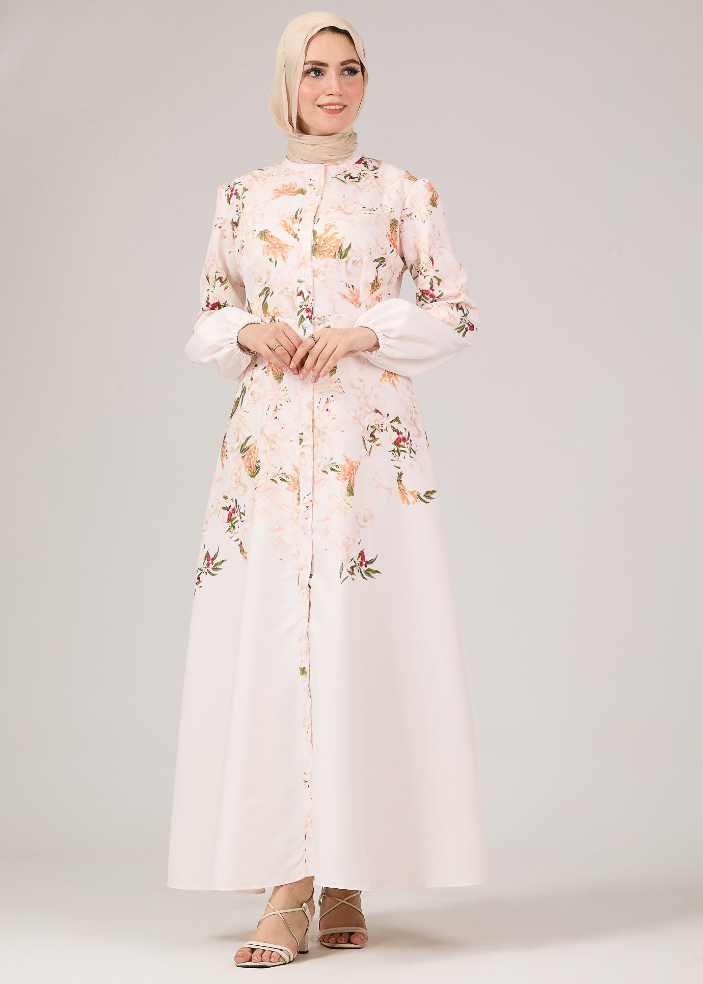 Floral Button-Front Maxi Dress - Elastic Cuffs