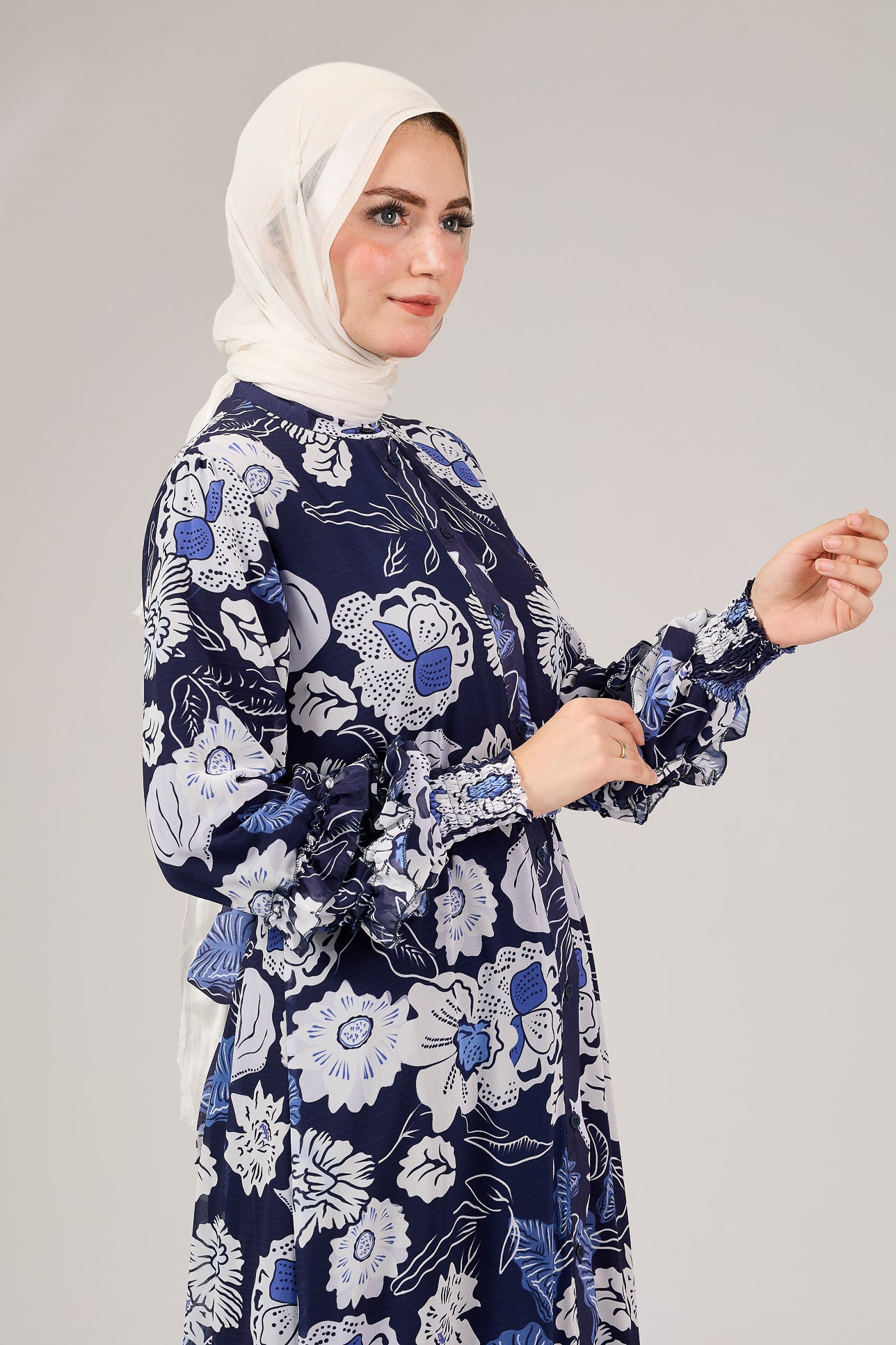 Front button closure on floral chiffon modest dress