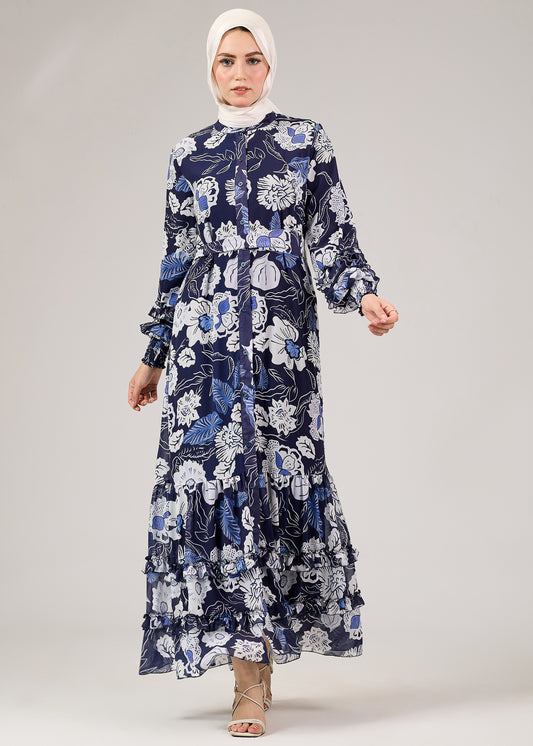 Tiered ruffle hem detail of floral chiffon modest dress