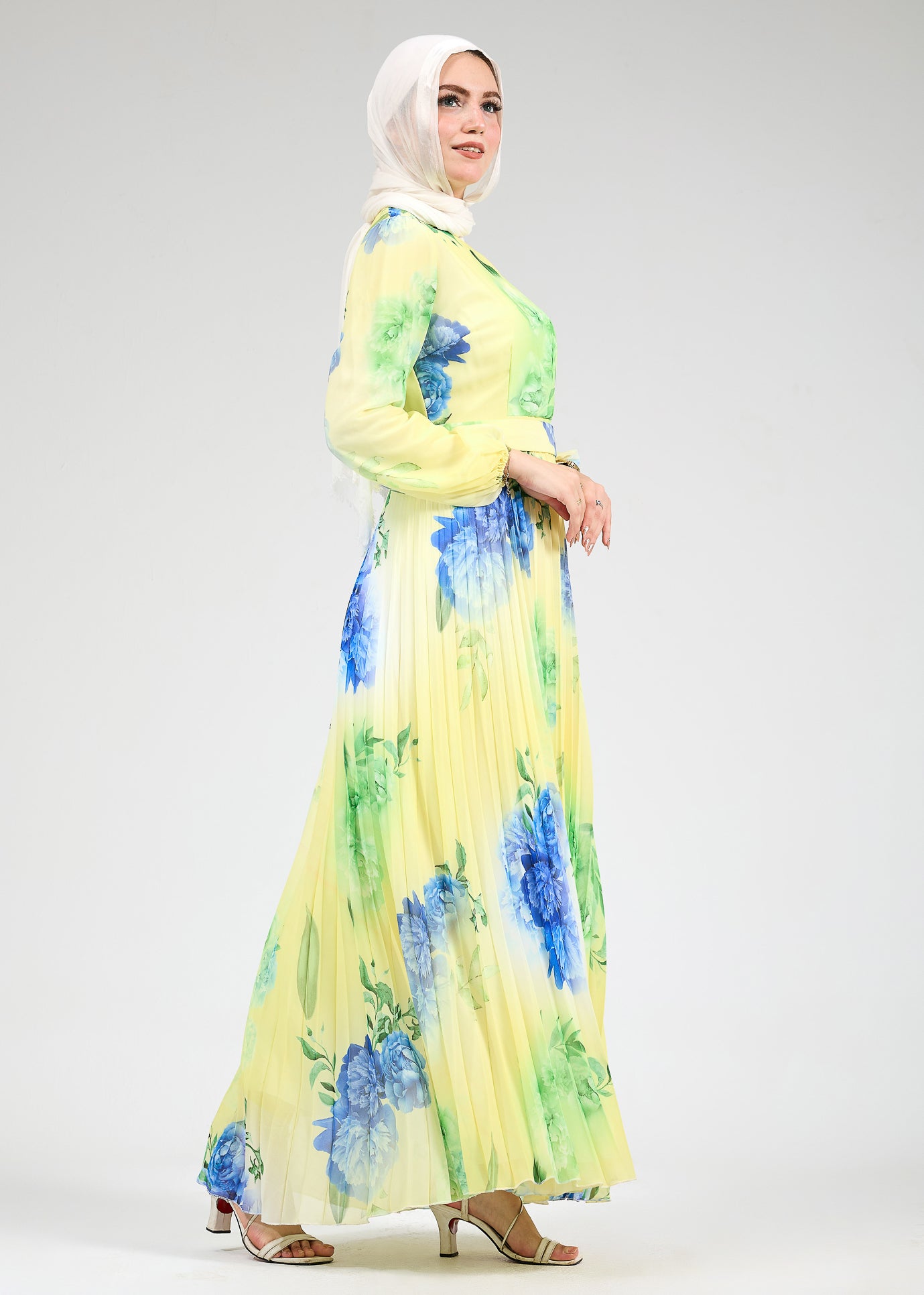 Belted waist detail on floral chiffon modest dress
