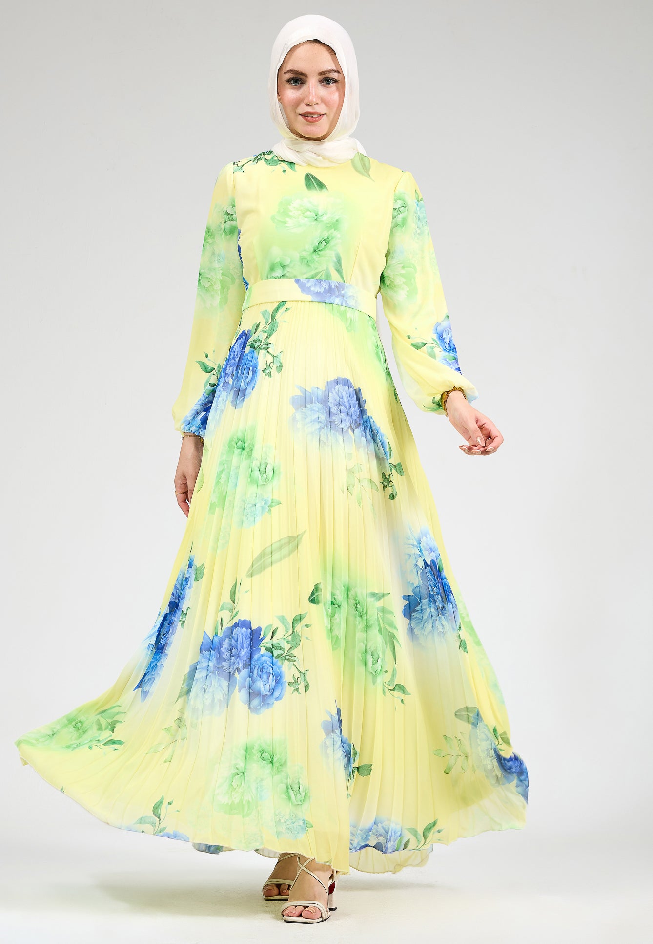 Floral pattern on chiffon maxi dress in blue and green
