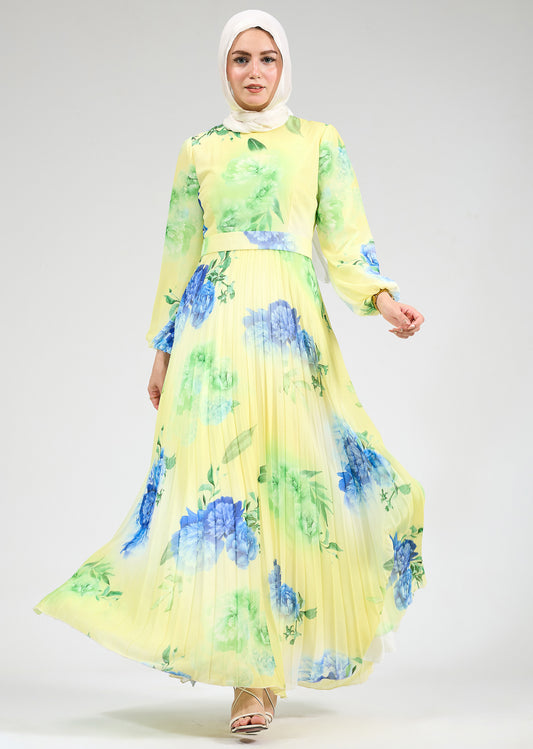 Front view of floral chiffon modest maxi dress