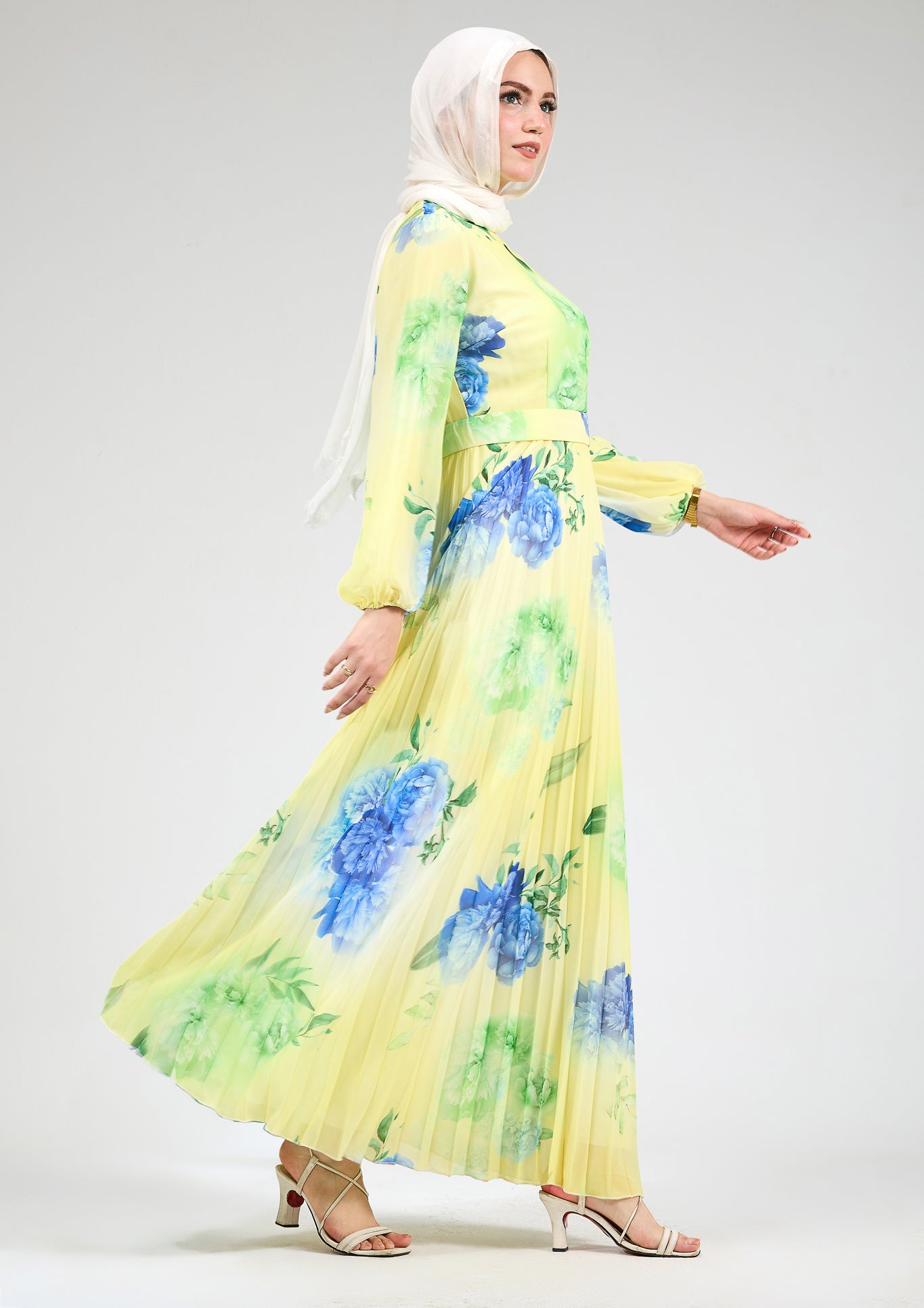 Side view of modest floral chiffon maxi dress
