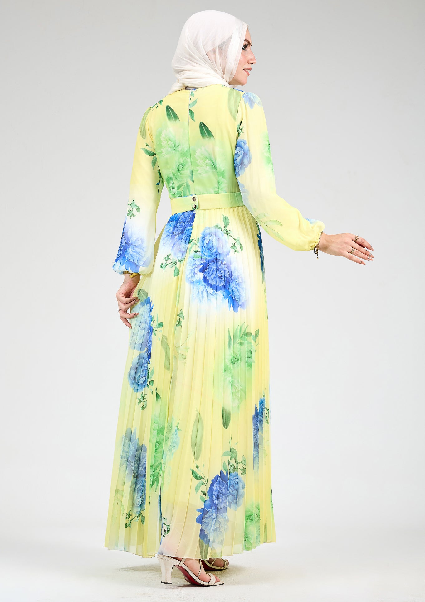 Model wearing floral chiffon modest maxi dress