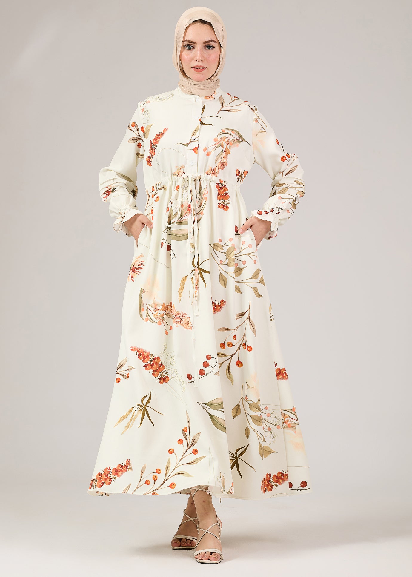 Back view of floral crepe polyester maxi dress