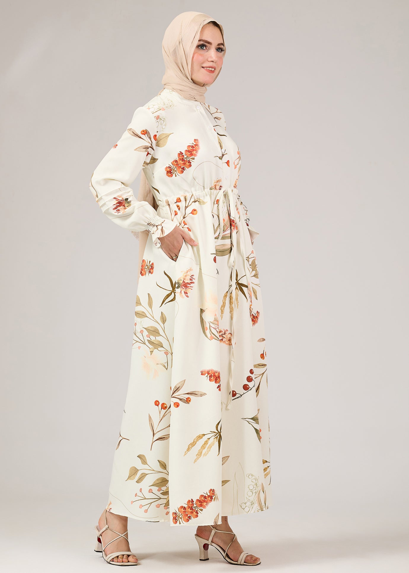 Front view of floral crepe polyester maxi dress