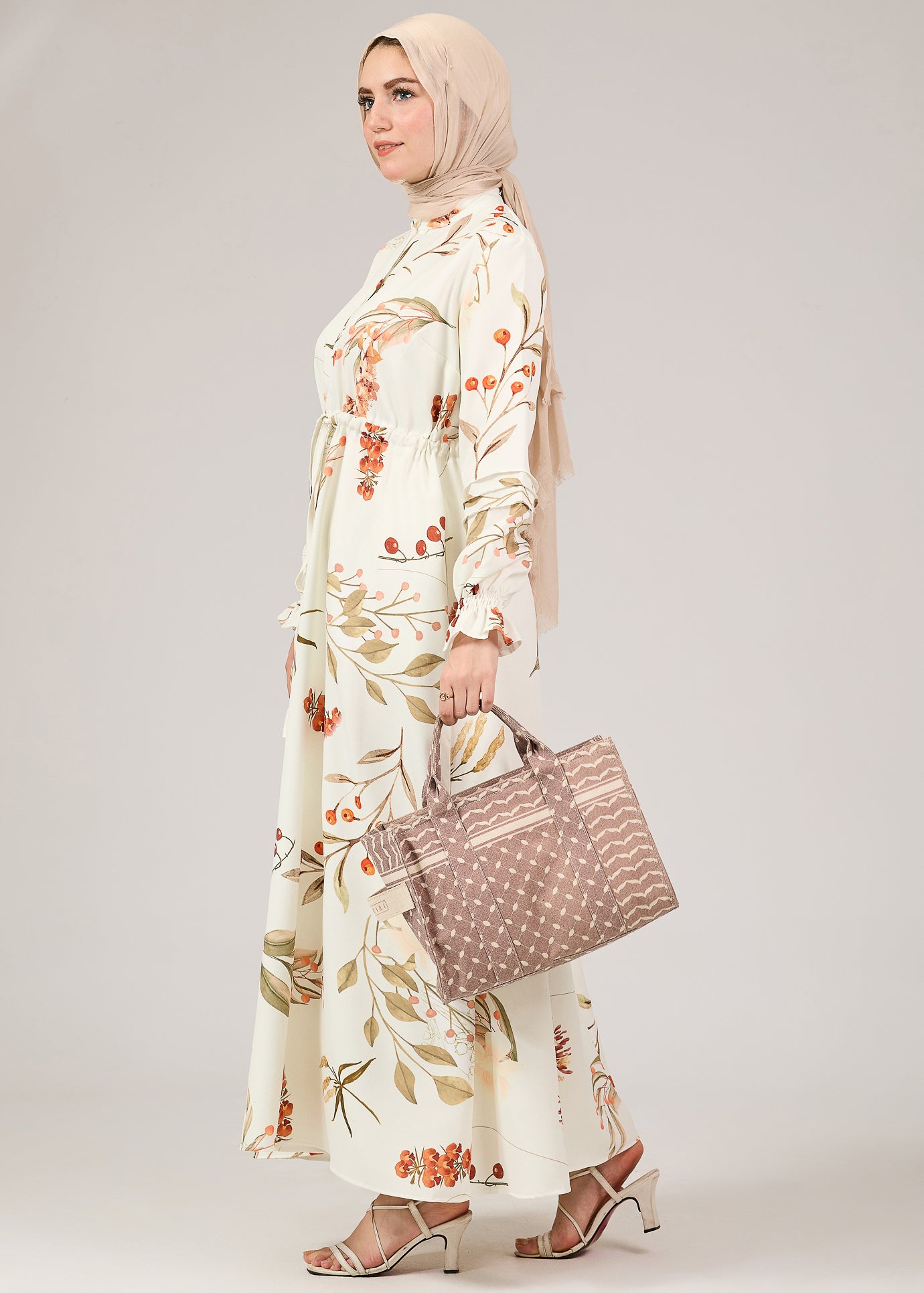 Graduation outfit styled with floral crepe polyester maxi dress
