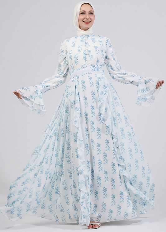 Model wearing floral elegance chiffon maxi dress with bell sleeves
