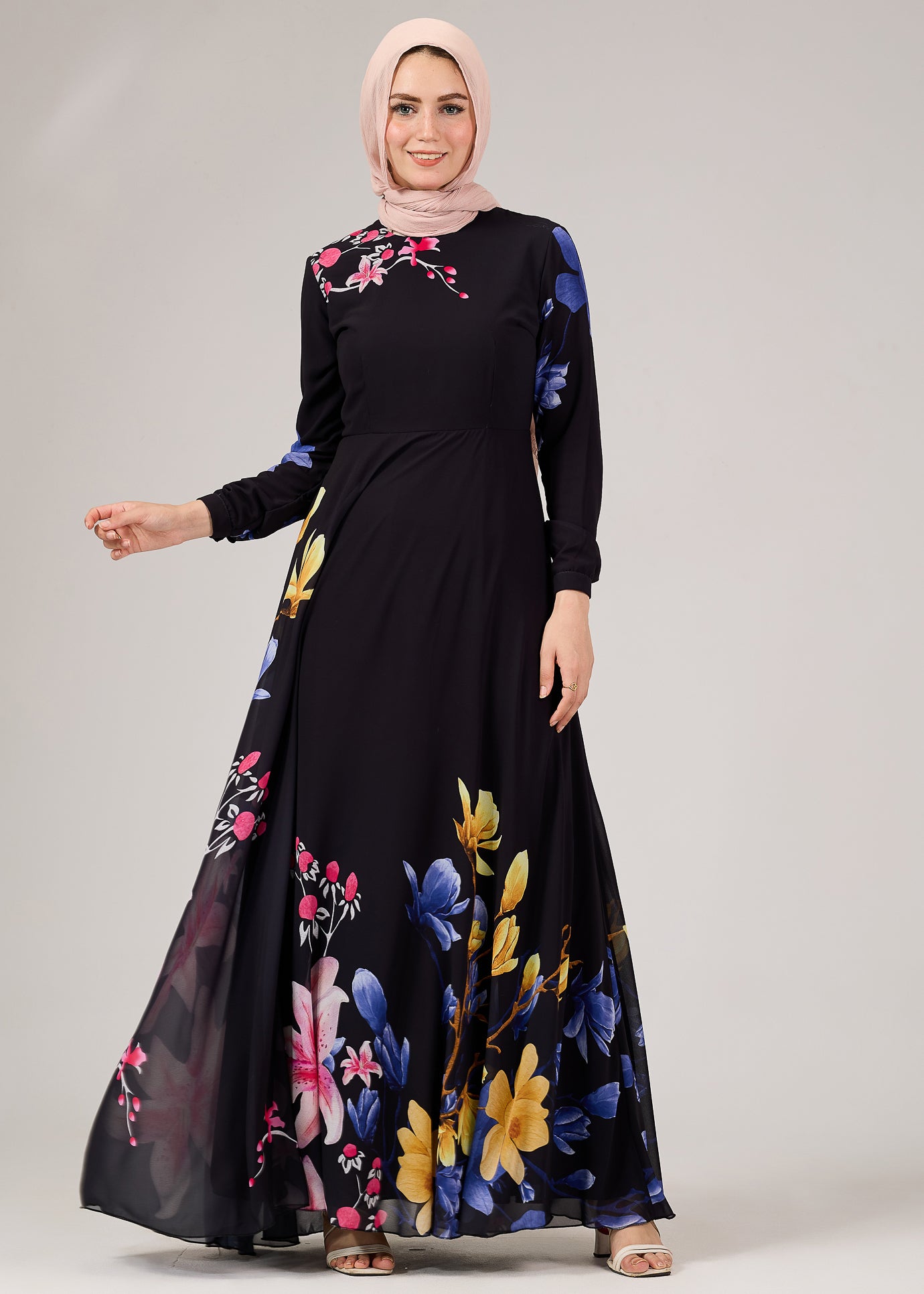 Floral Elegance Chiffon Maxi Dress Closeup View