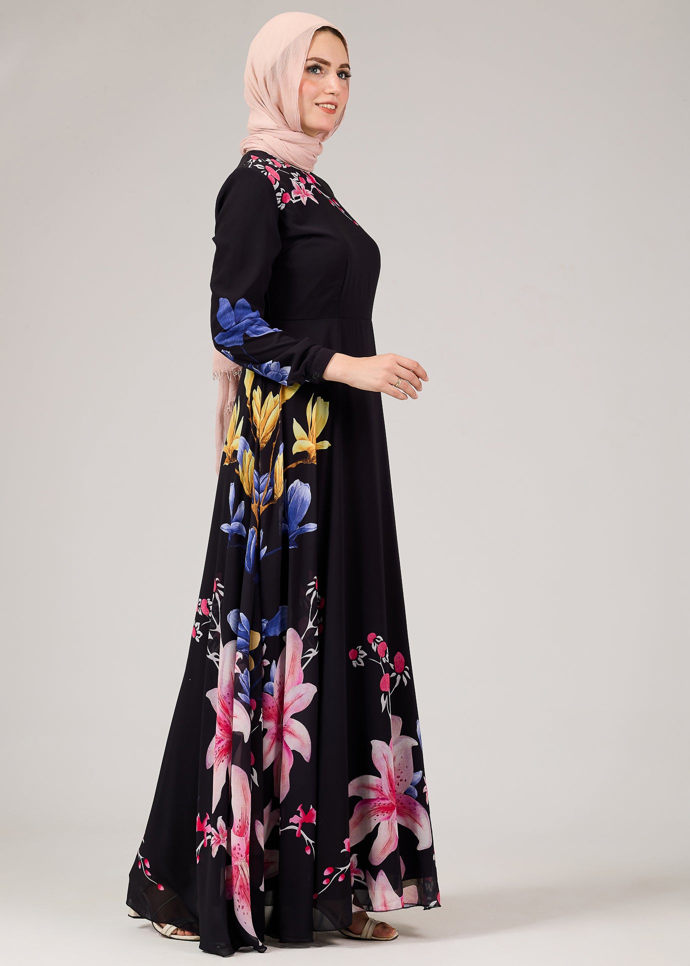 Floral Elegance Chiffon Maxi Dress Floral Pattern Detail