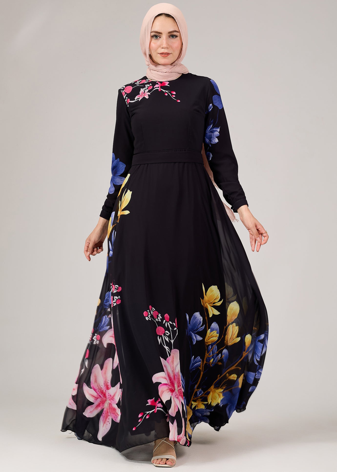 Floral Elegance Chiffon Maxi Dress Hemline Detail