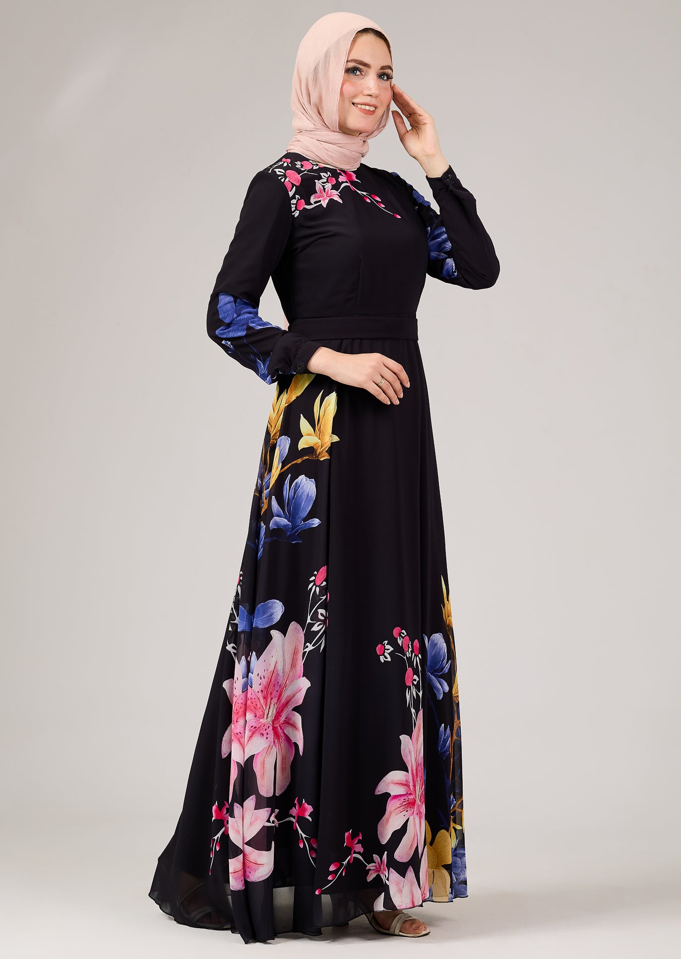 Floral Elegance Chiffon Maxi Dress Sleeve Detail