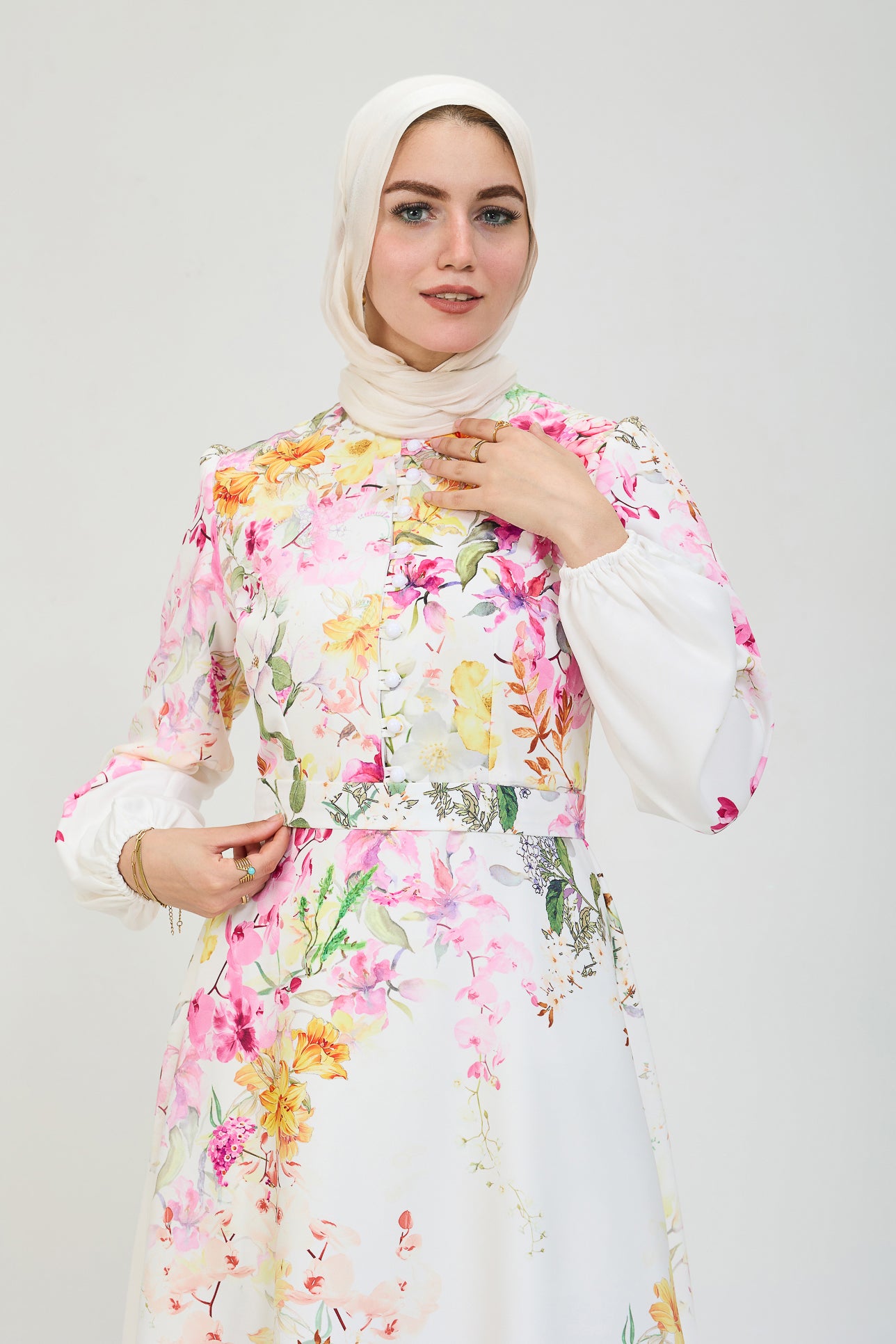 Detailed view of floral pattern on floral elegance modesty dress
