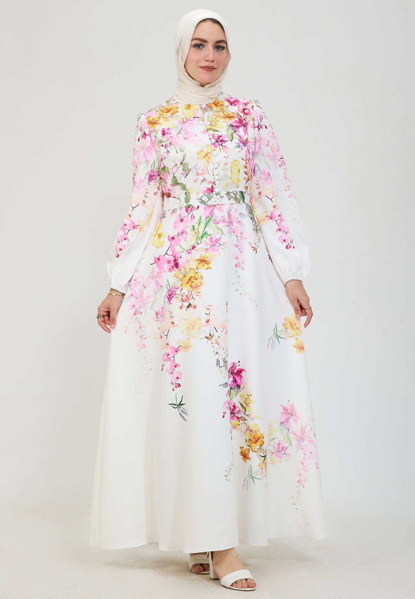 Front view of floral elegance modesty dress