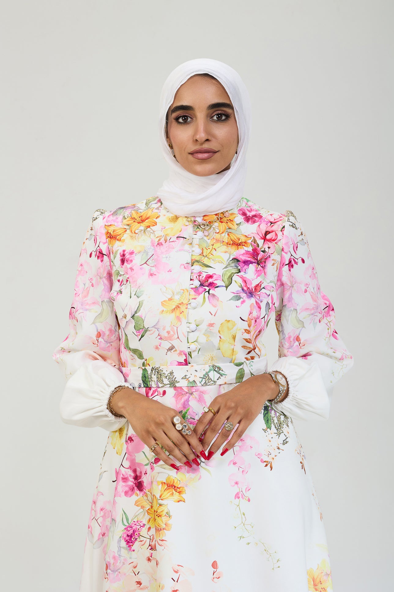 Front view of floral elegance modesty dress