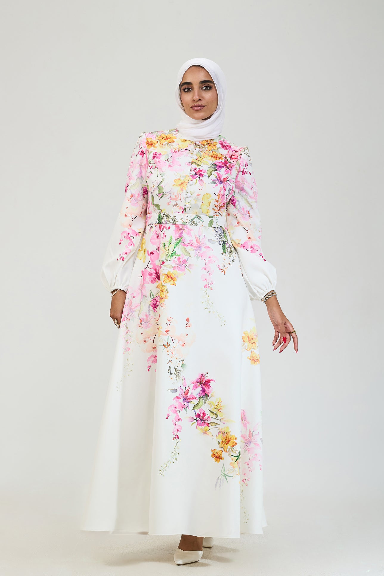 Detail of long sleeves on floral elegance modesty dress