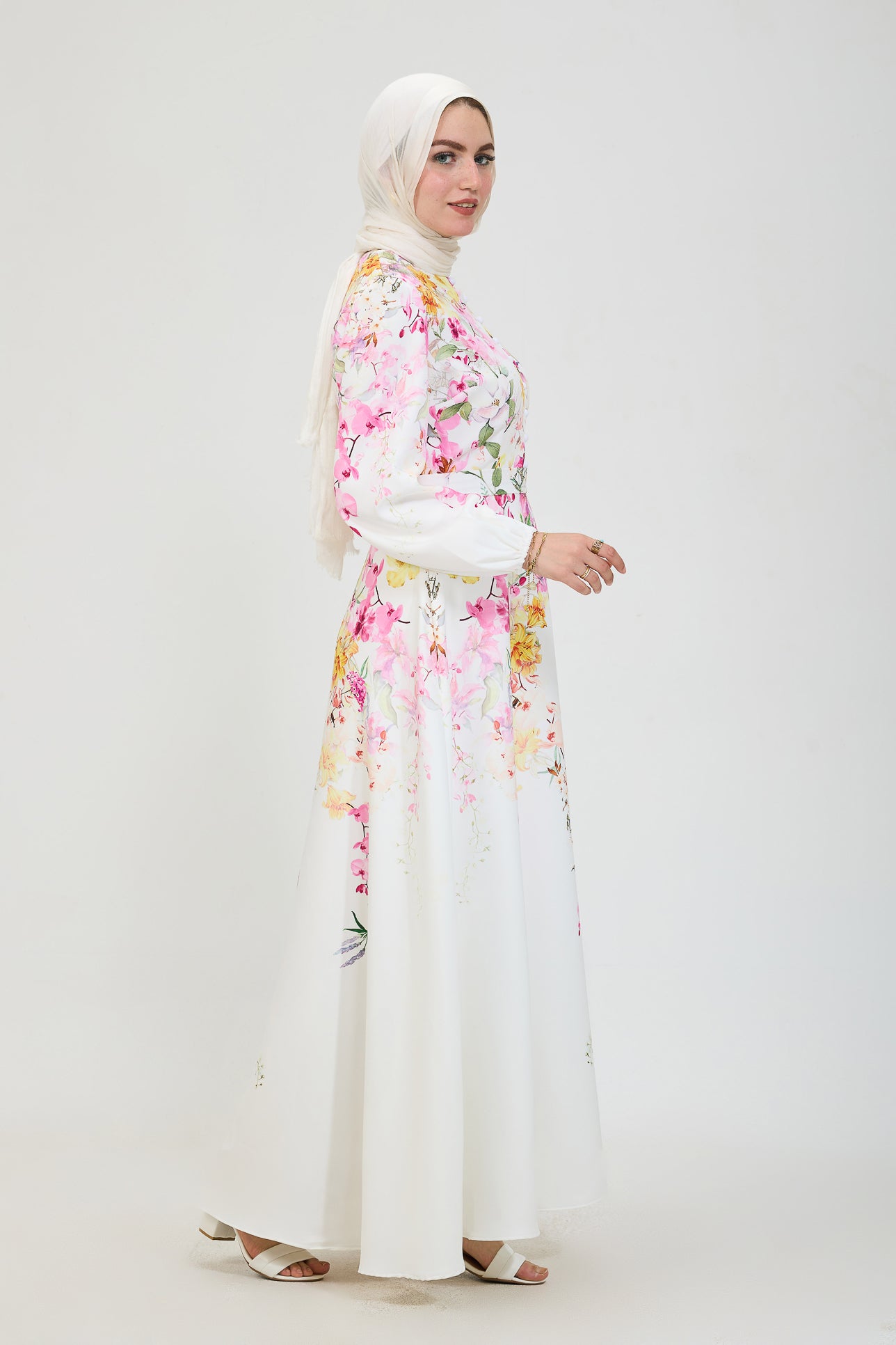 Side view of floral elegance modesty dress