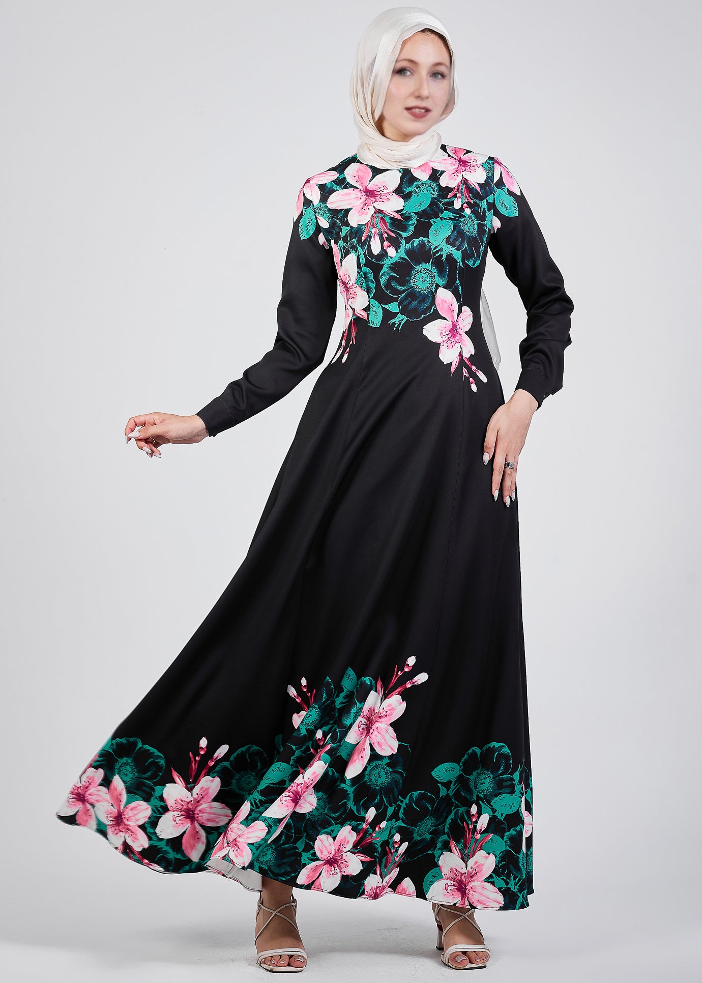 Back view of Floral Grace Black Crepe Maxi Dress