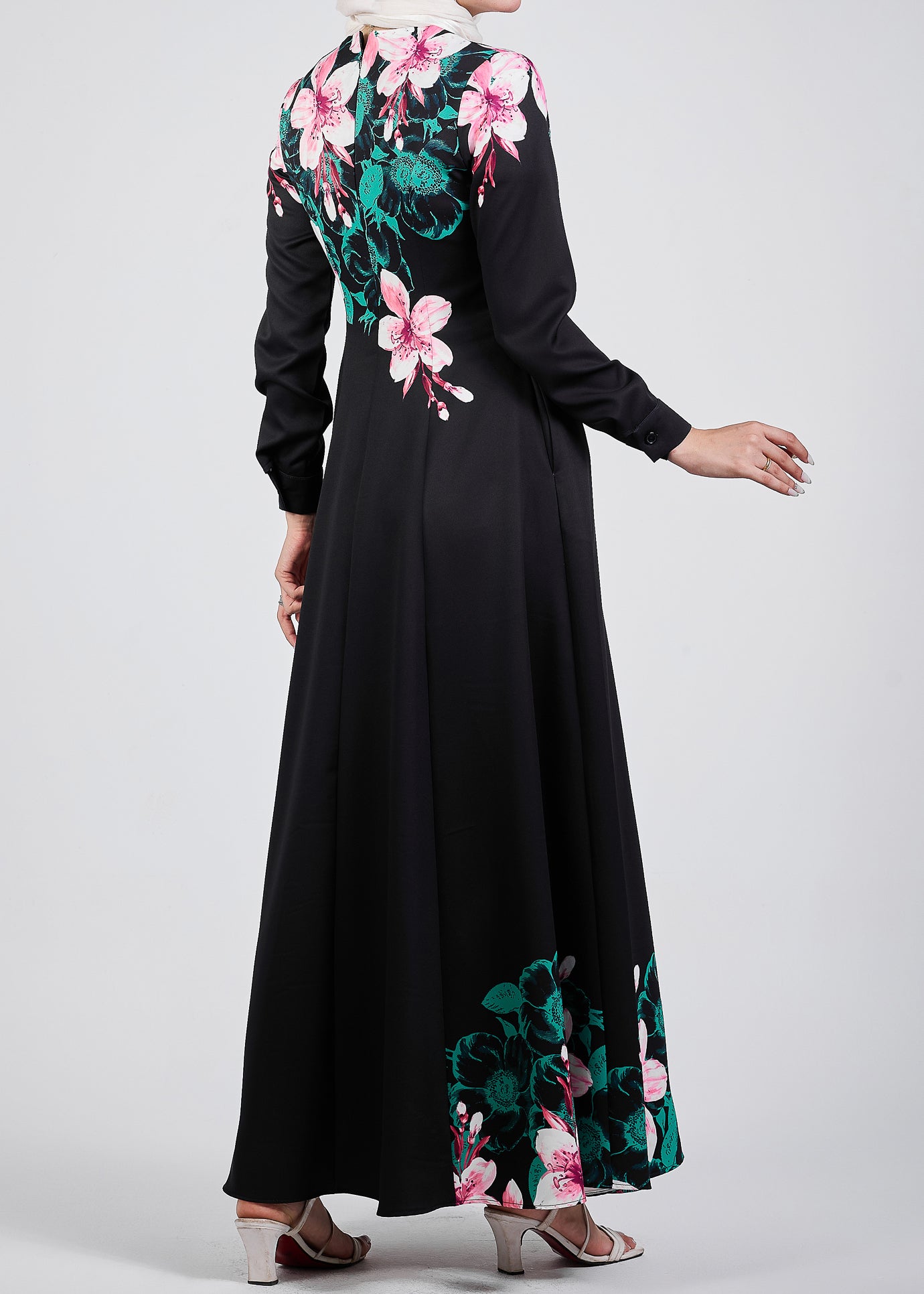 Floral pattern on the Floral Grace Black Crepe Maxi Dress