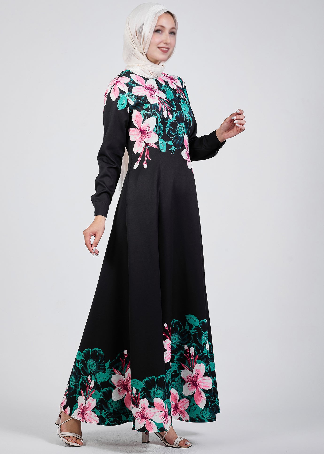 Front view of Floral Grace Black Crepe Maxi Dress