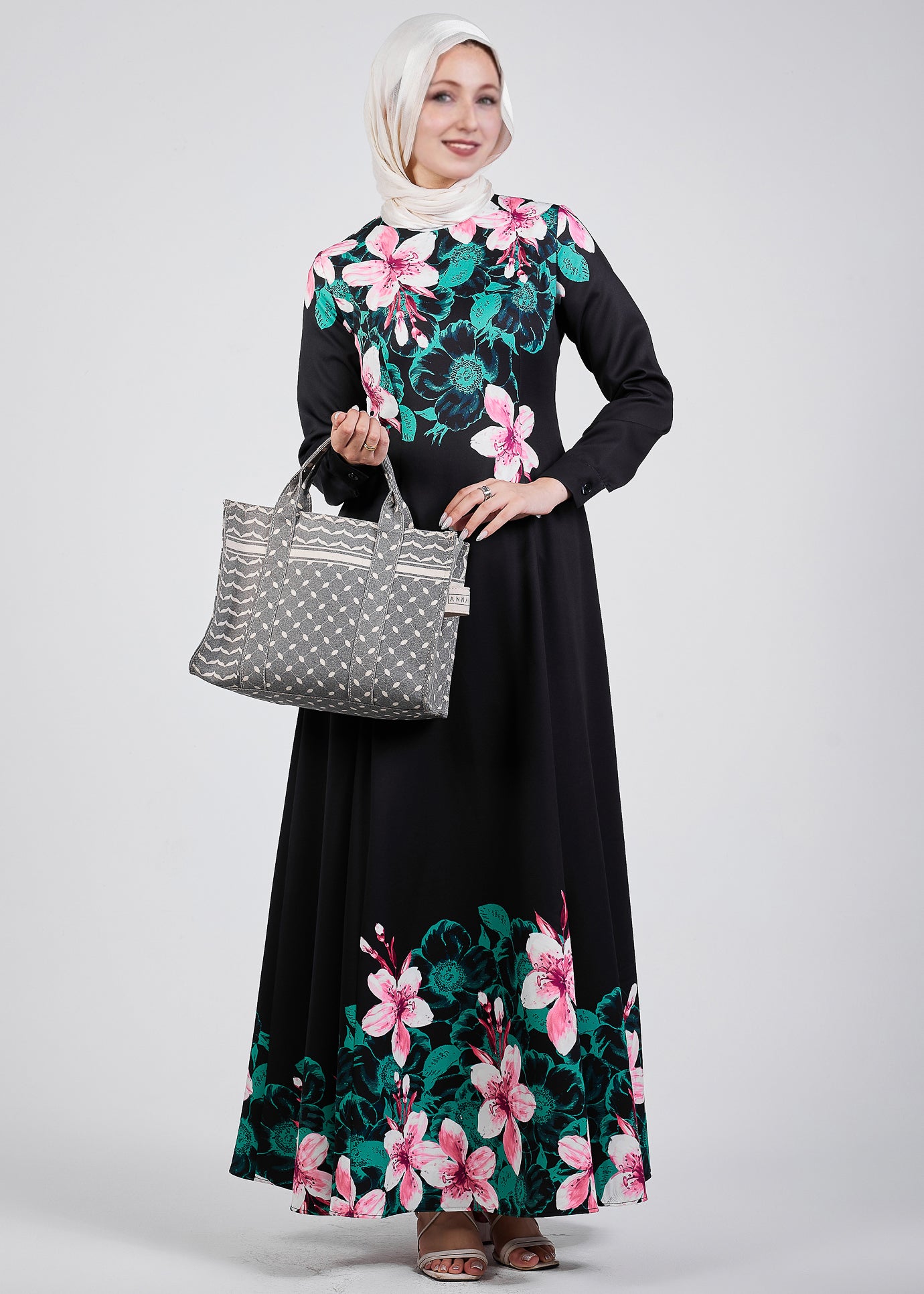 Full-length view of Floral Grace Black Crepe Maxi Dress