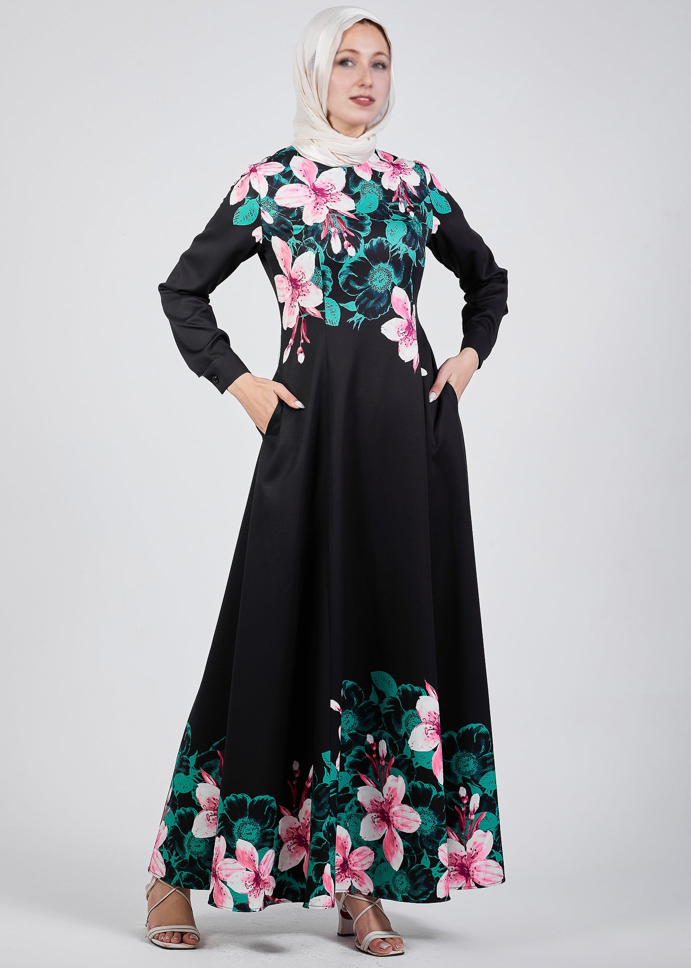 Side view of Floral Grace Black Crepe Maxi Dress