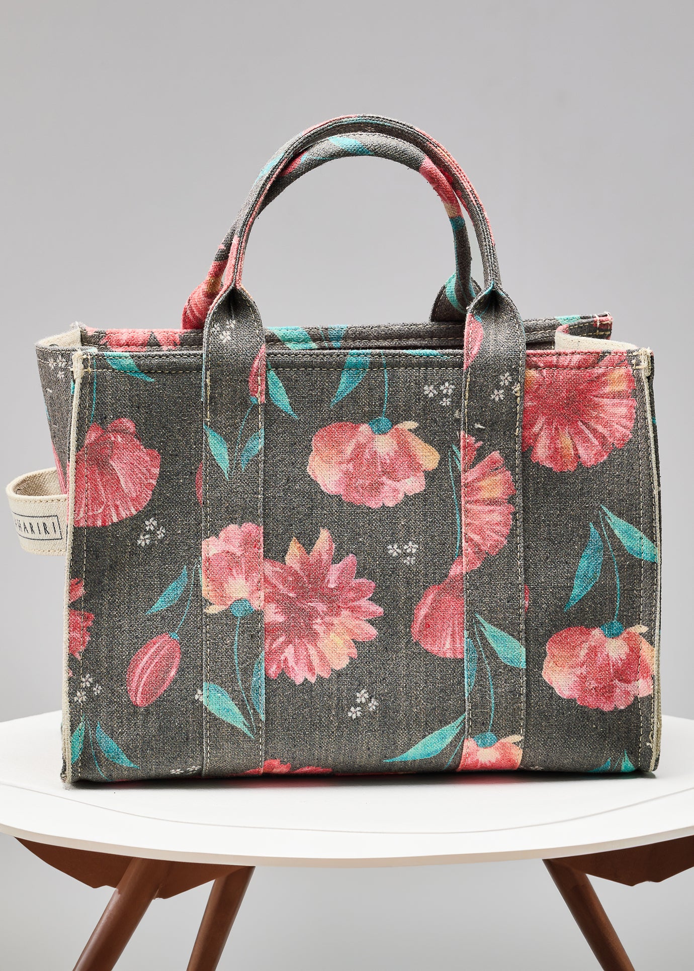 Floral Gray Cotton Canvas Tote Bag back view