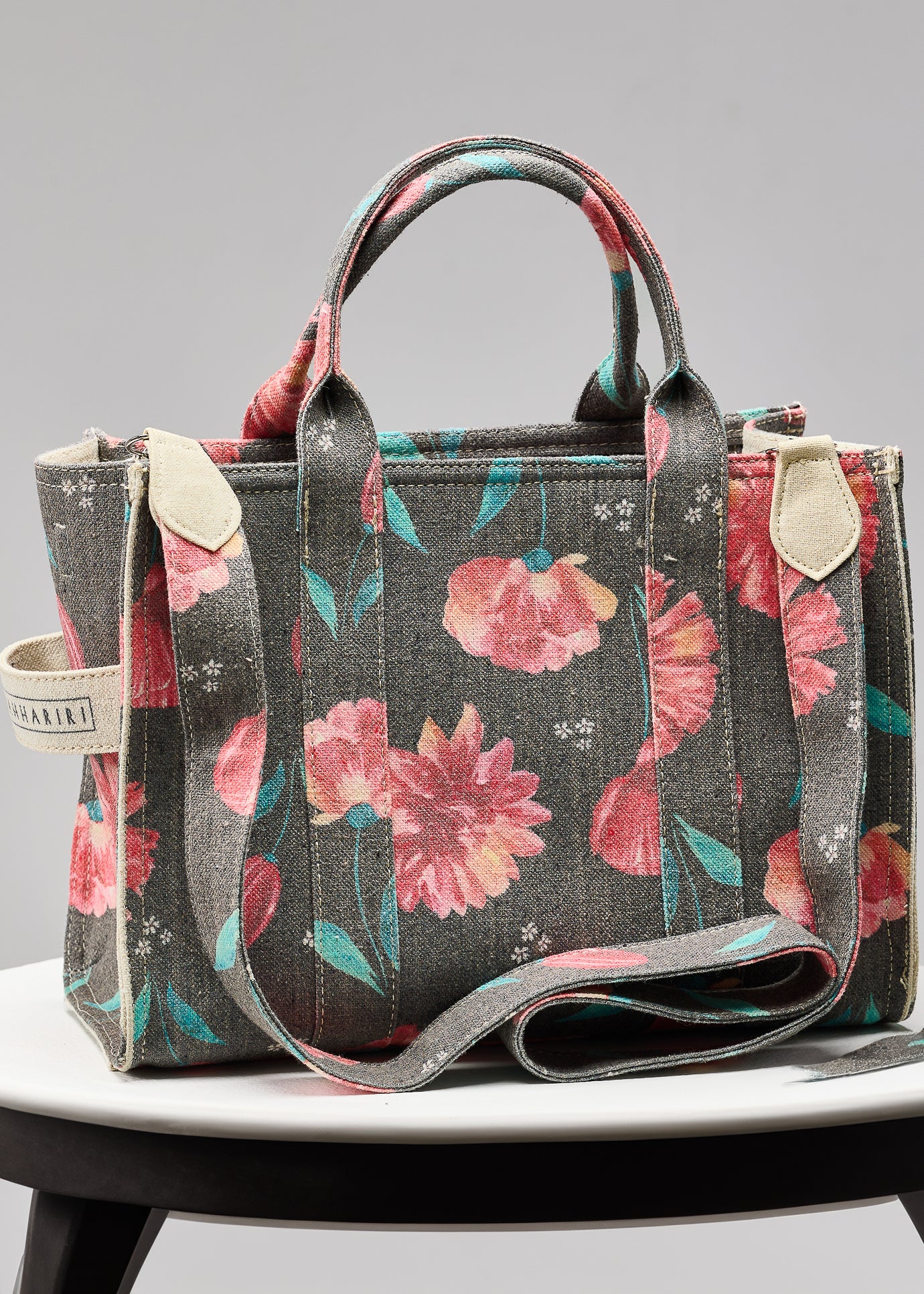 Floral Gray Cotton Canvas Tote Bag front view